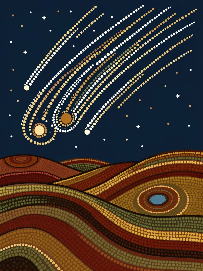 A meteor shower streaking across a desert sky over rolling hills