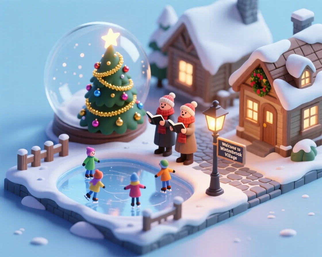 A snow globe-like winter village with a frozen pond for ice skating, a Christmas tree in the town square, and carolers gathered around a glowing lamppost.