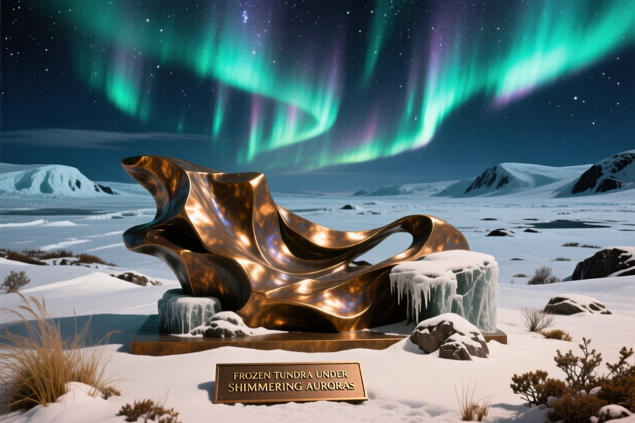 A frozen tundra beneath a sky of shimmering auroras, rendered in vivid, atmospheric detail, offering a breathtaking sense of place