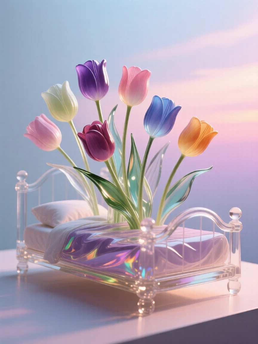 A bed of tulips in mixed colors swaying gently in a light breeze under a pastel sky at dusk, dreamy and peaceful atmosphere.