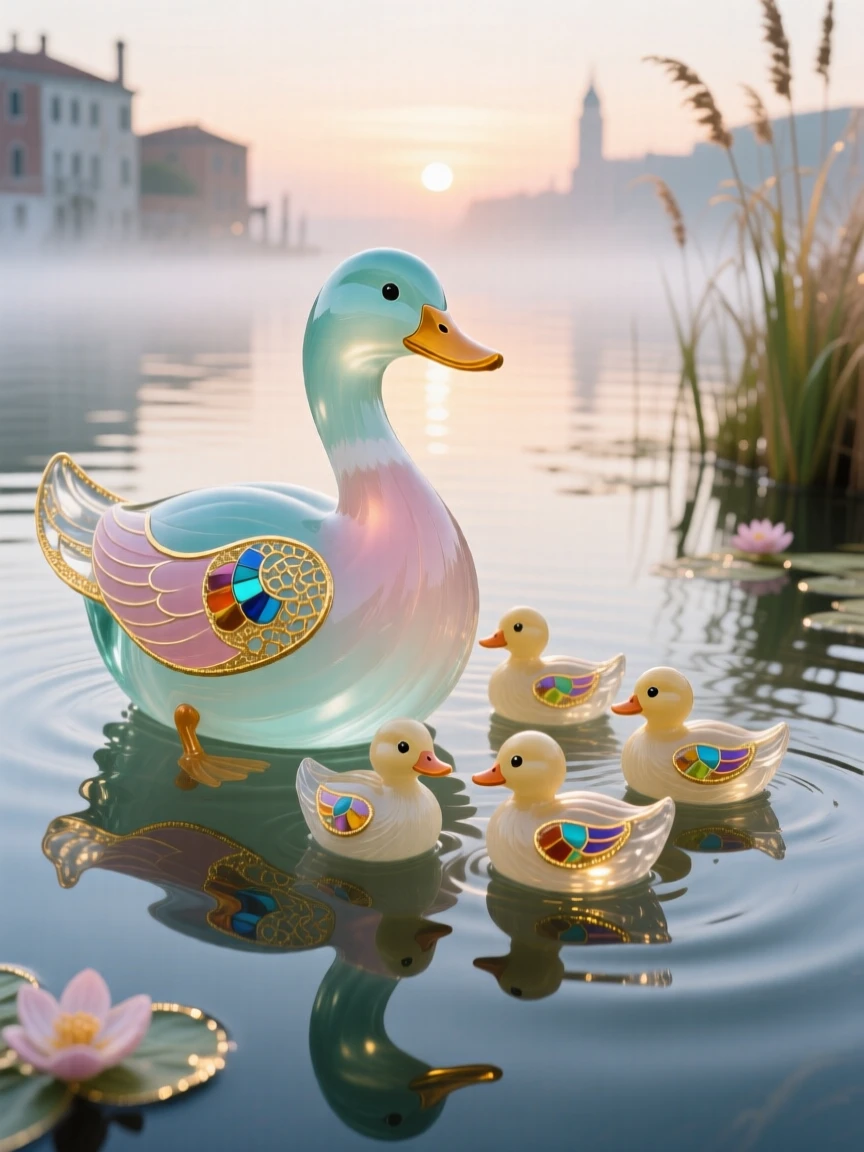 A mother duck leading her ducklings across a glassy pond at dawn, tender and orderly.