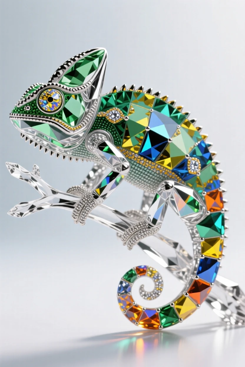 A chameleon perched on a branch mid-color-shift, textured skin catching soft light.