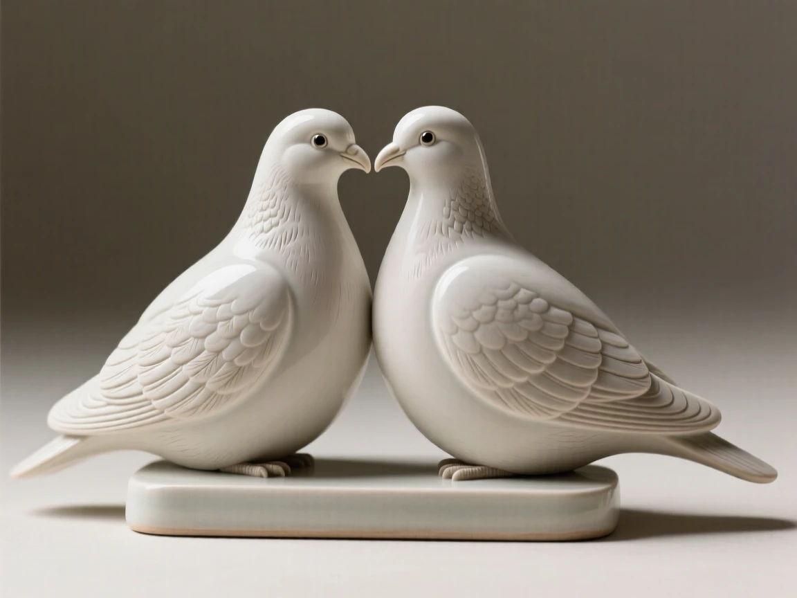 A pair of decorative doves facing one another arranged as an accent piece with quiet sophistication, with fine, delicate detailing throughout, capturing graceful beauty fit for a fine interior.