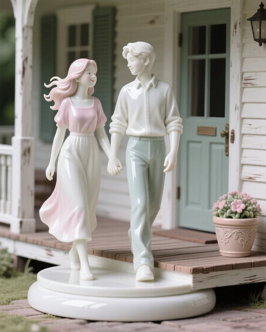A tender scene of a young couple walking hand in hand along a path in a rustic farmhouse porch, a soft breeze lifting loose strands of hair.
