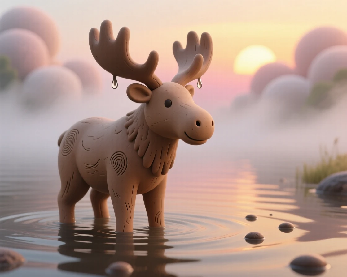 A moose wading through a misty lake at sunrise, antlers dripping