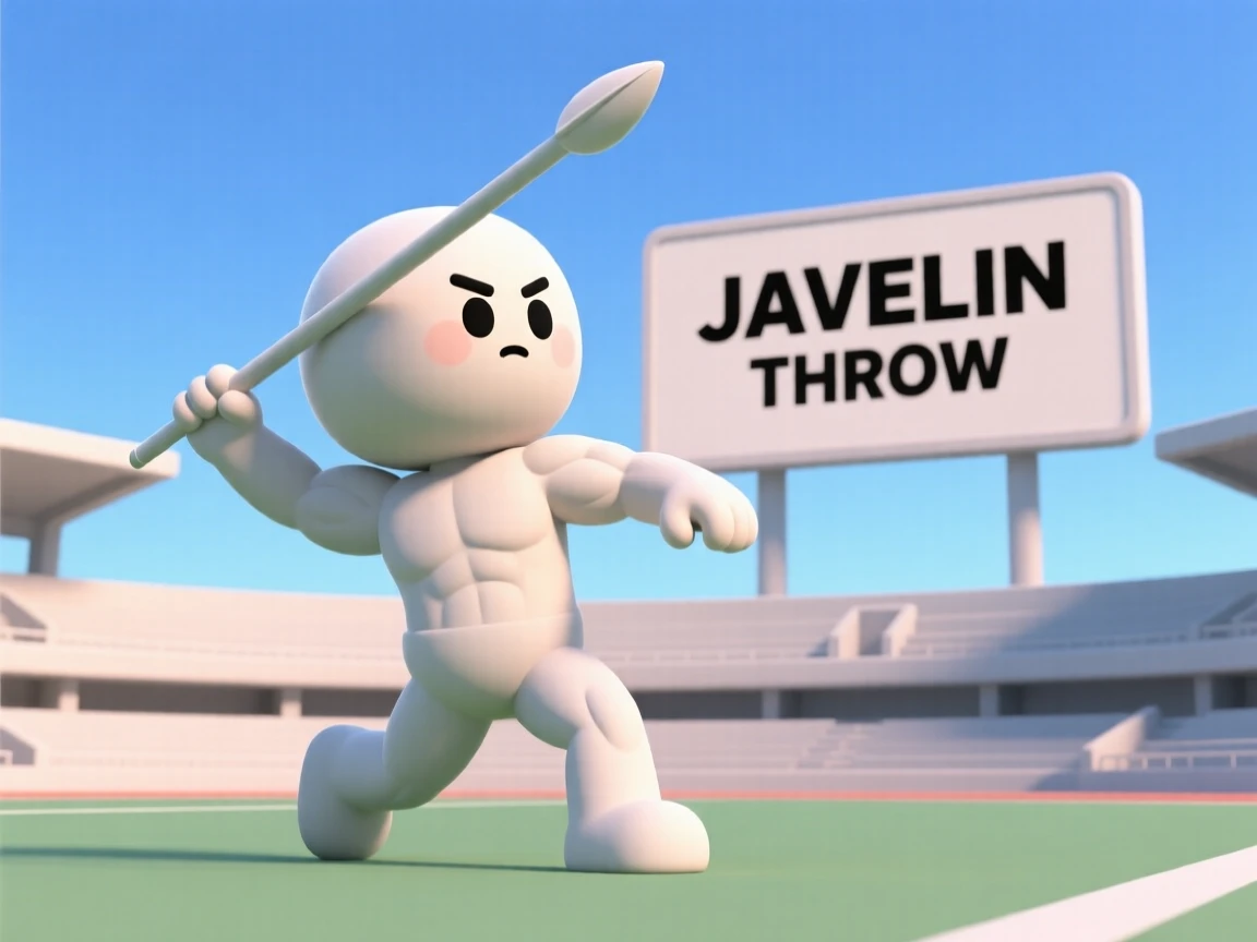 A determined javelin thrower winds up with focused intensity, muscles tensed beneath a clear stadium sky.