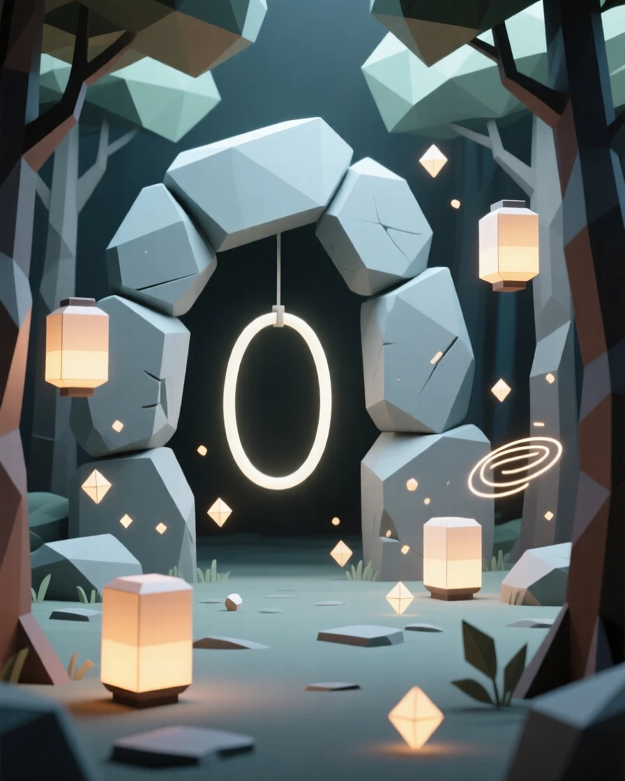 A hidden portal glowing between ancient stones, within a forest lit by floating lanterns. swirling particles of light drift through the air. The scene feels magical and full of wonder.