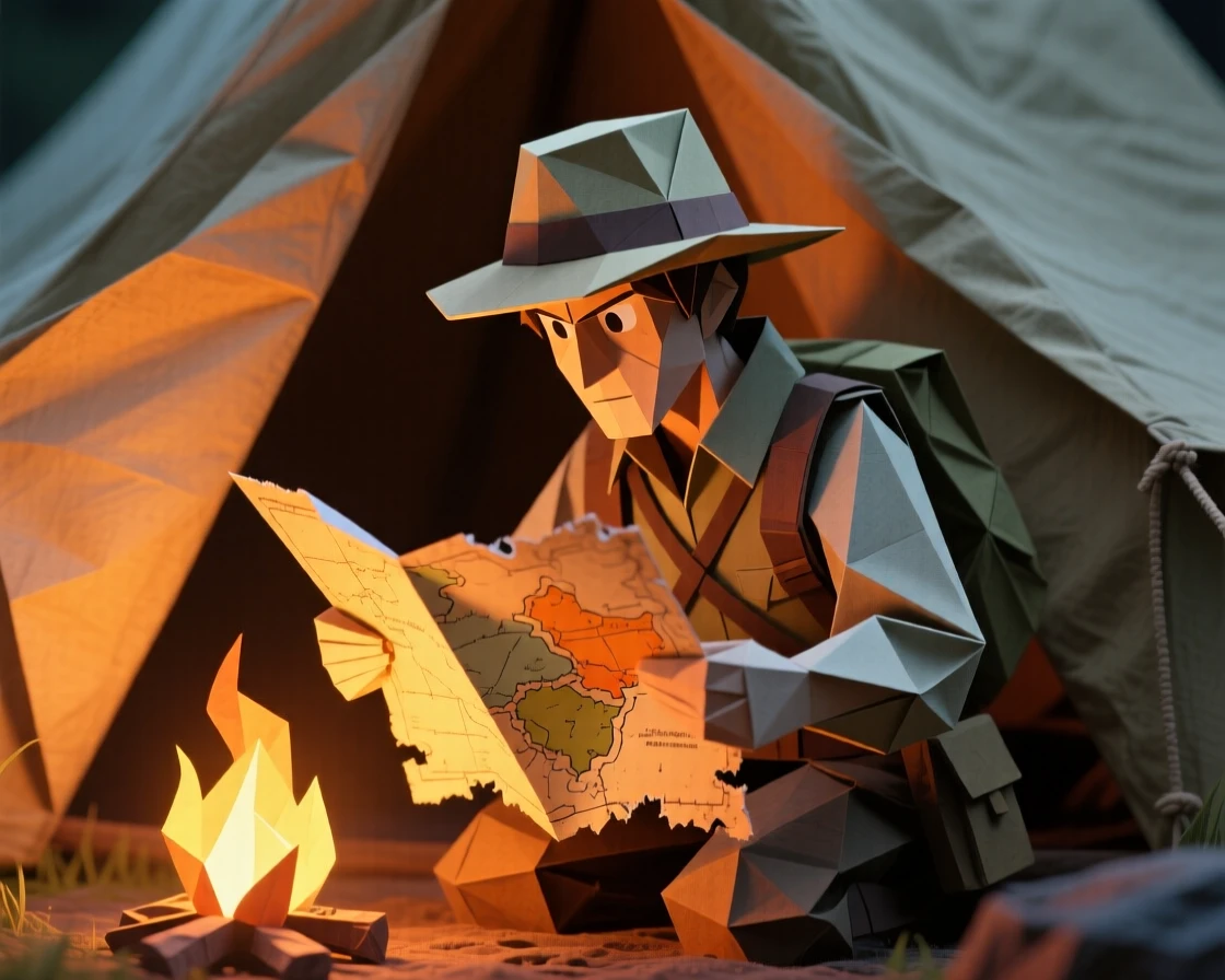 An explorer character studying a weathered map by firelight inside a canvas tent.