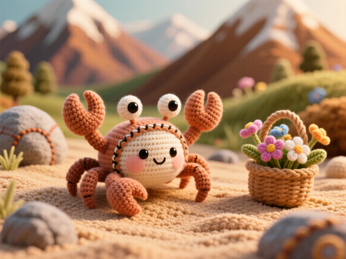 A heartwarming close-up of a small baby crab, with tiny round claws, scuttling sideways across warm sand in a mountain meadow with scattered boulders; a small basket of wildflowers nearby completes the scene, radiating a peaceful, drowsy calm settling over the scene.