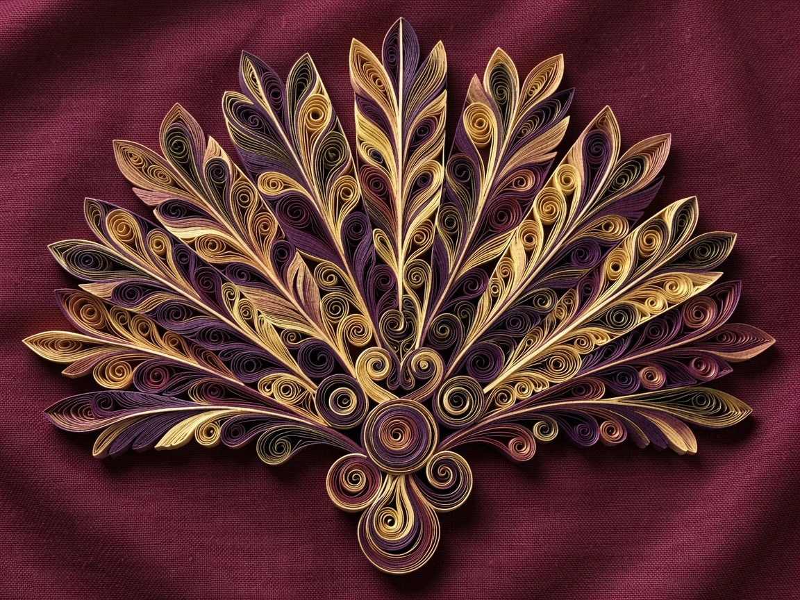 An elegant design featuring a fan-shaped arrangement of layered feathers, composed with a strong central focal point, in rich plum and antique gold hues, presented on a rich burgundy fabric backdrop.