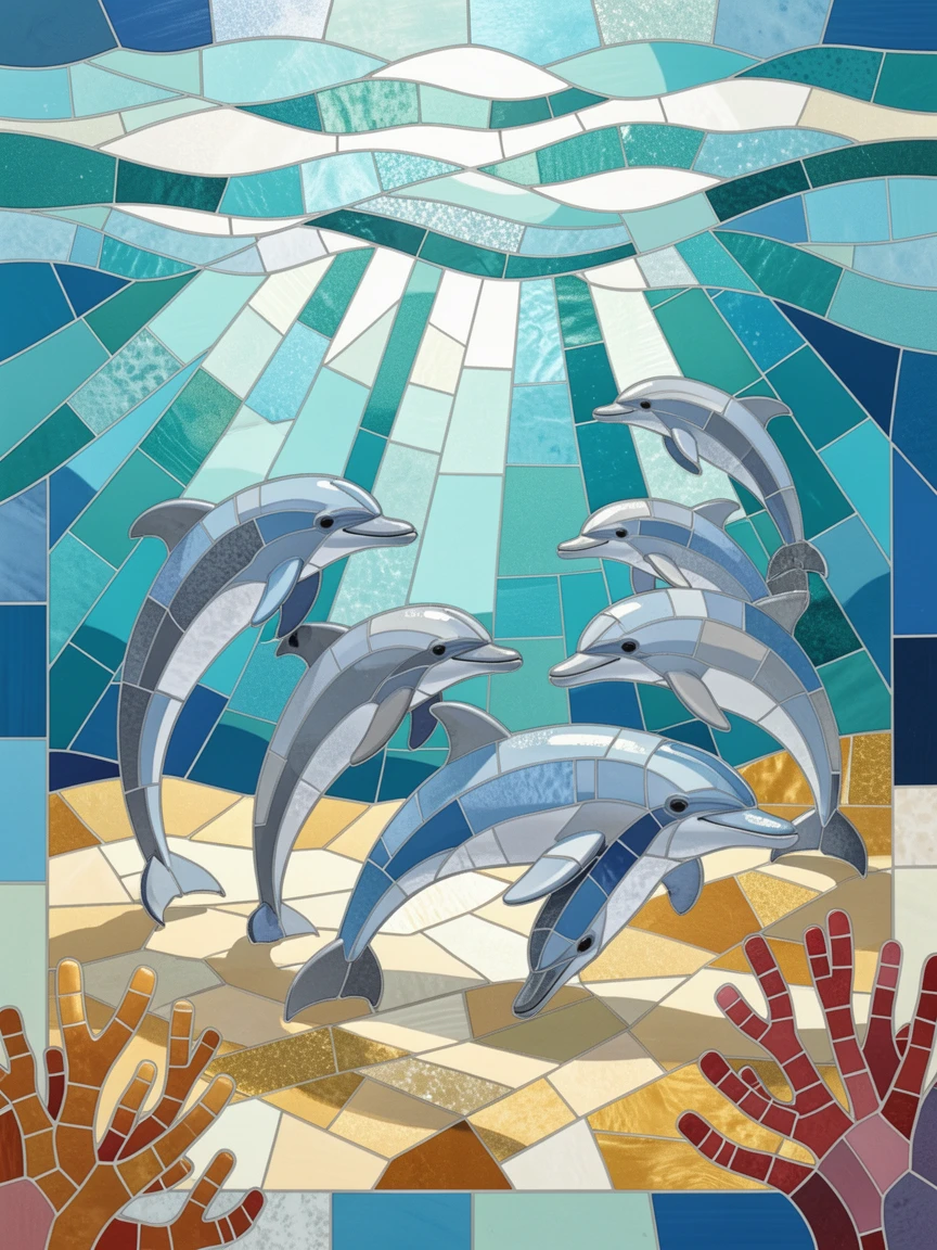 A vivid underwater scene of a group of dolphins playing in sunlit shallow ocean water, rich in color and serene movement.