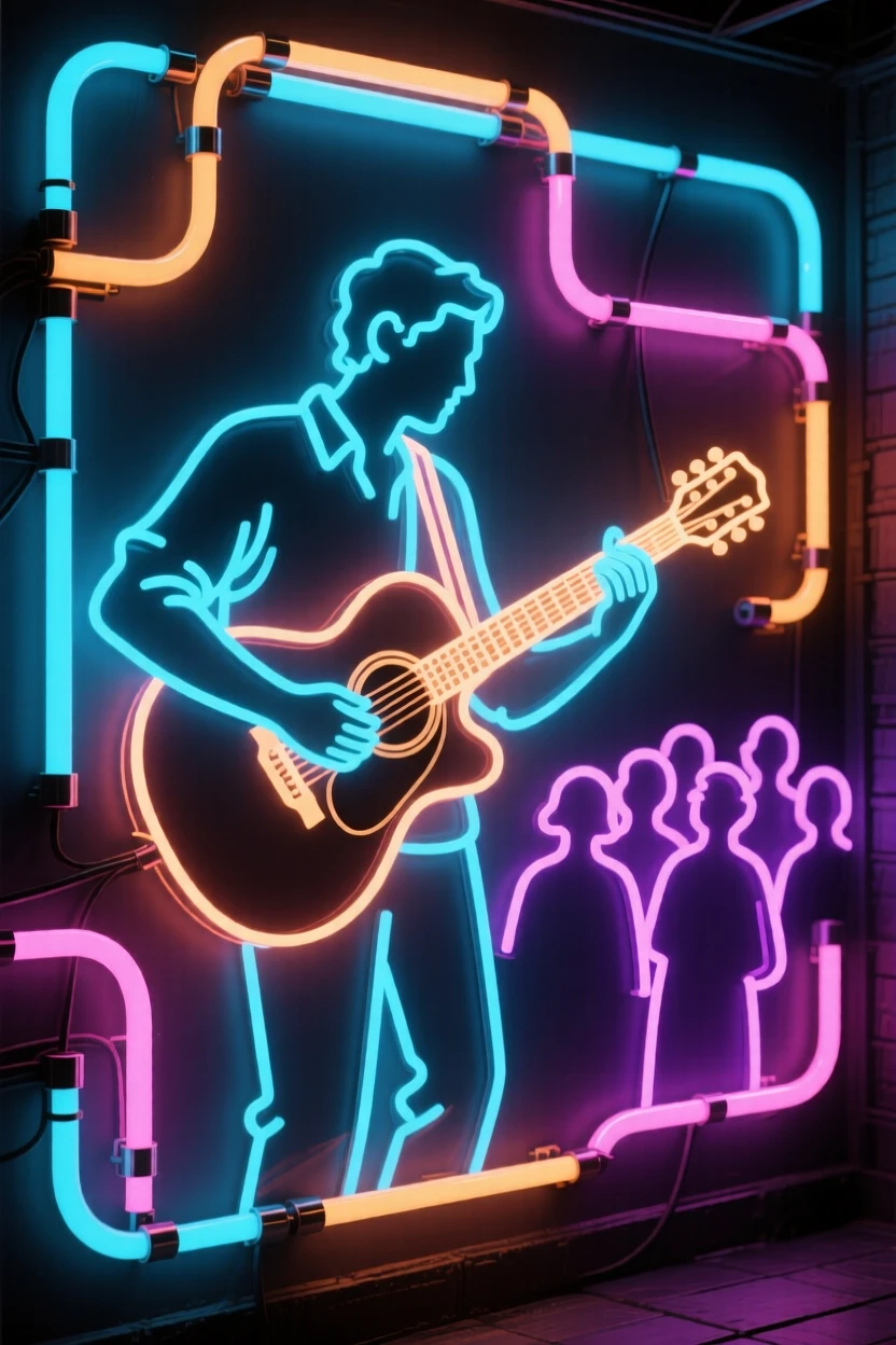A street musician playing guitar for a small gathered crowd.