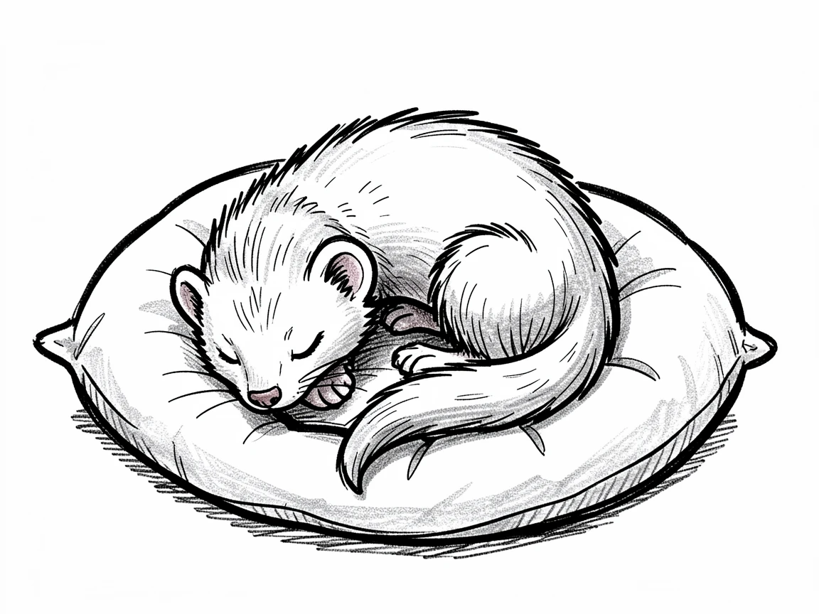 A ferret curled up asleep on a soft cushion.