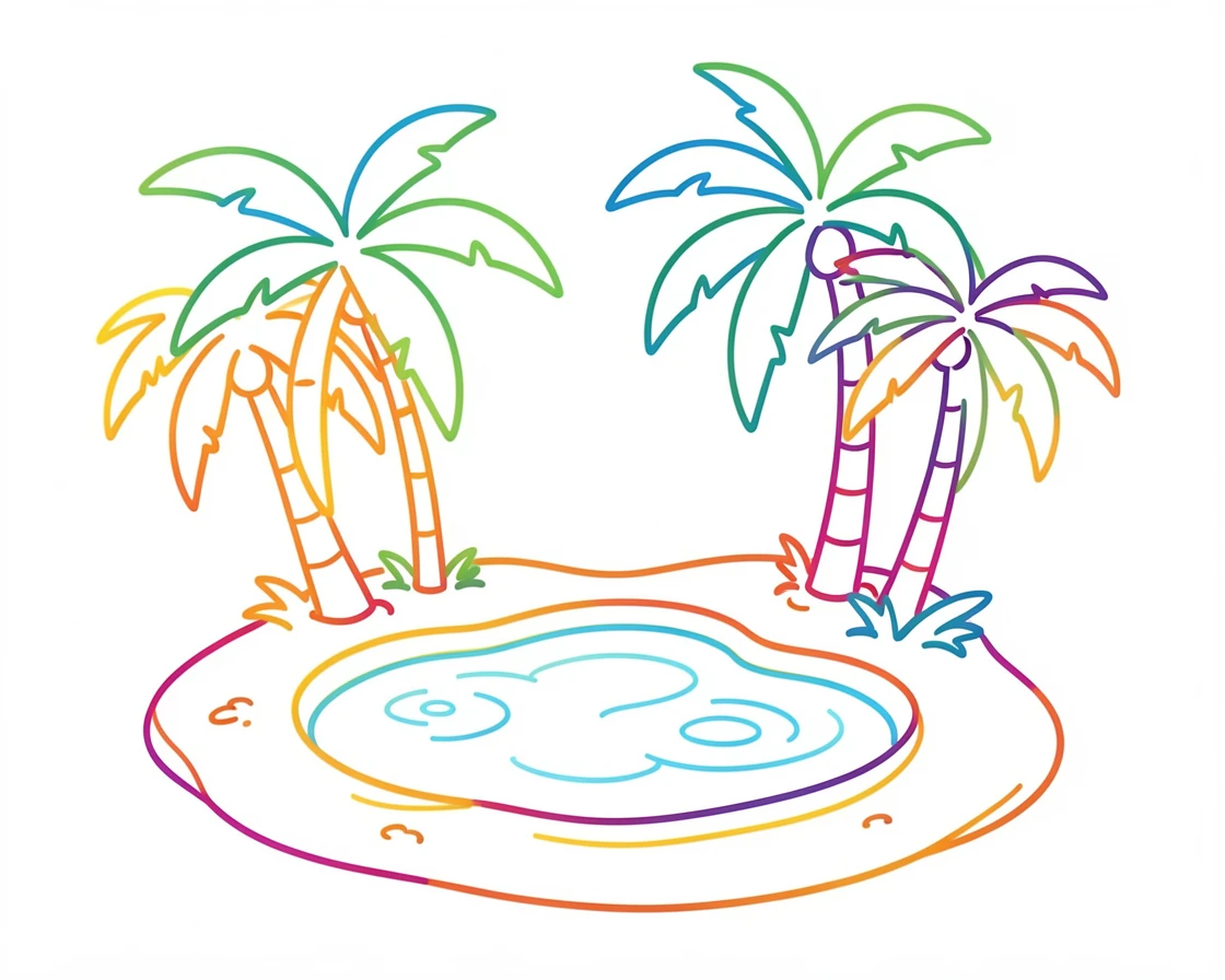 A desert oasis with palm trees clustered around a small pool of clear water.