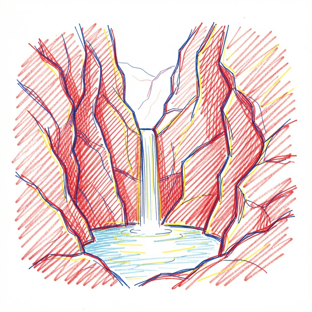 A hidden canyon pool fed by a thin waterfall, surrounded by red sandstone walls