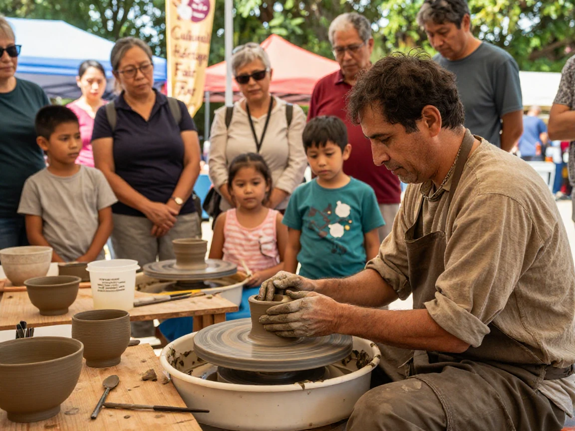 A potter demonstrates ancient pottery techniques at a cultural heritage fair.