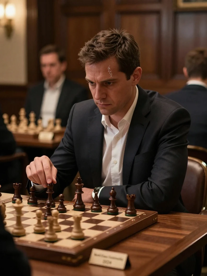 A chess grandmaster contemplating his next move in an intense tournament