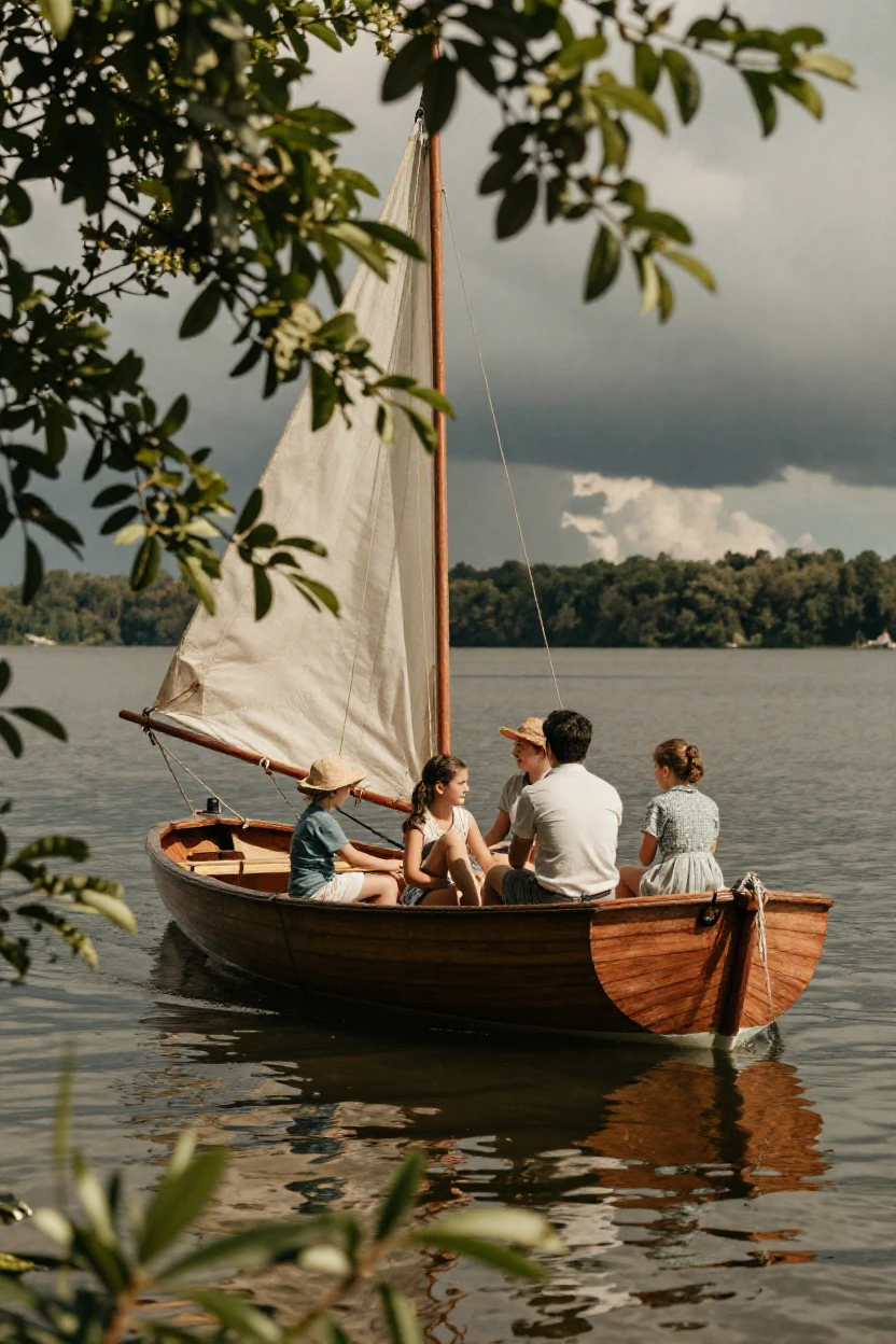 A family sailing a small boat together on a calm lake, in dappled light filtering through leaves, under a darkening storm sky, during the long days of summer, with muted olive and rust colors, peering through foliage in the foreground.