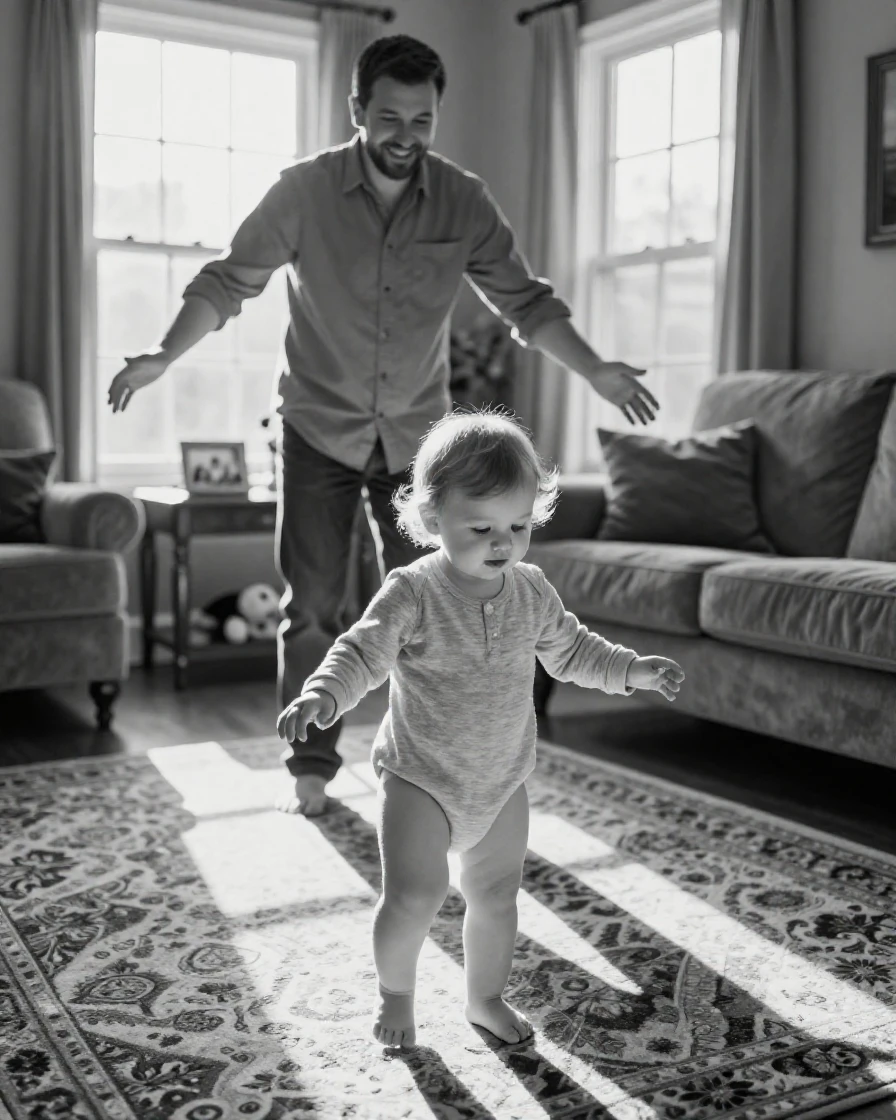 A toddler takes her first wobbly steps toward her father in a sunlit living room.