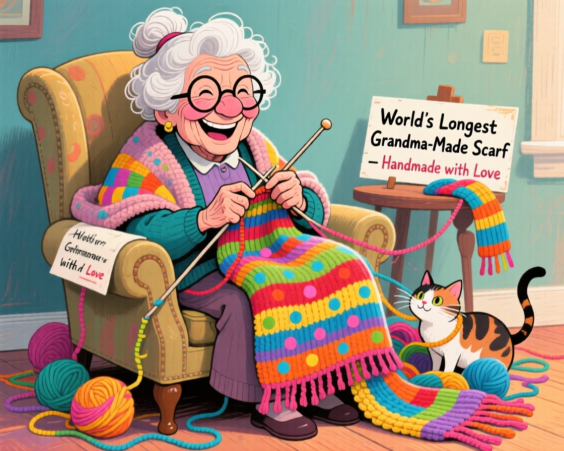 A proud grandmother knitting a giant scarf that pools onto the floor around her feet.