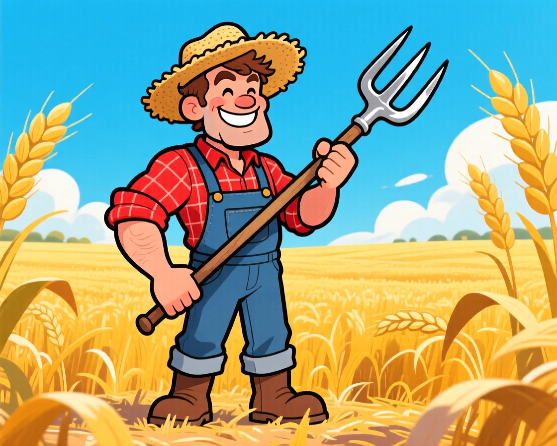 A vibrant profession-themed portrait of a determined farmer standing proudly in a golden wheat field, pitchfork in hand and sun hat tilted back.