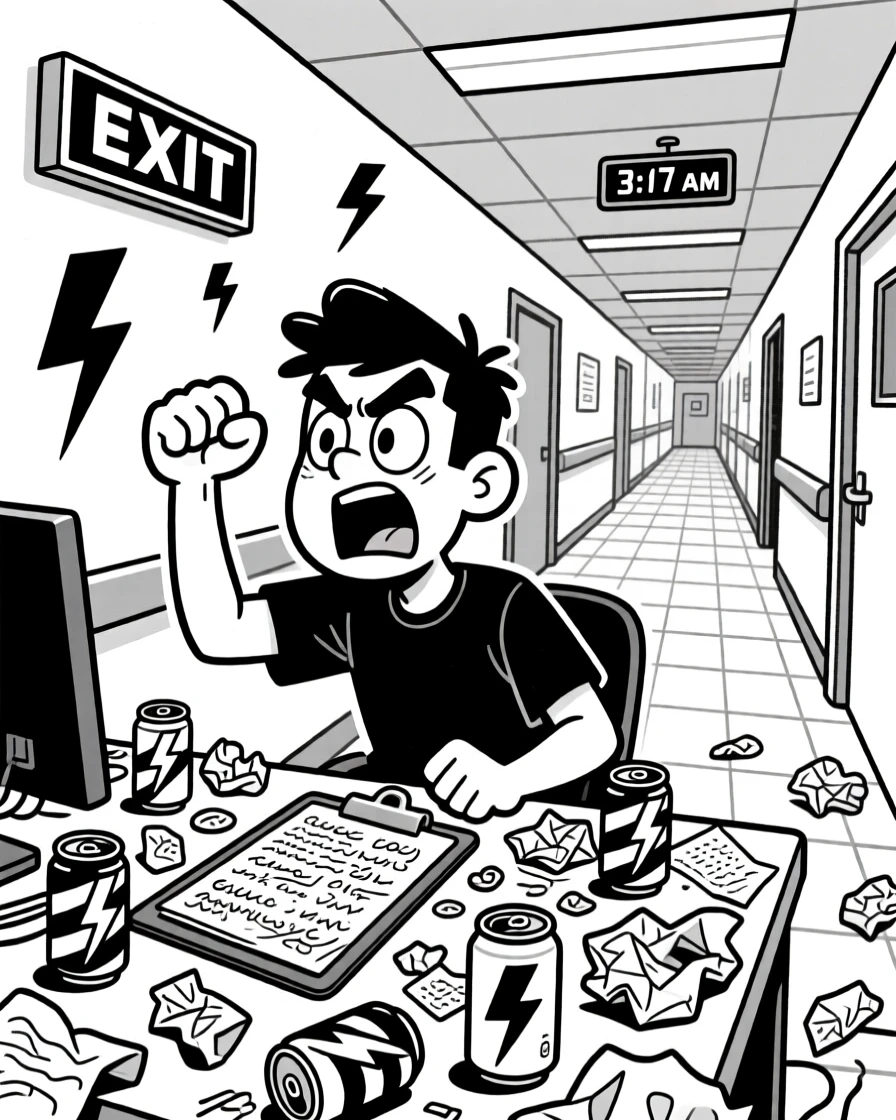A tech-savvy programmer surrounded by energy drink cans, pounding a fist on a desk mid-closing-argument, set in a hospital hallway lit by flickering fluorescent lights. A clipboard full of illegible notes rests nearby. The scene celebrates the quiet heroism of everyday work.