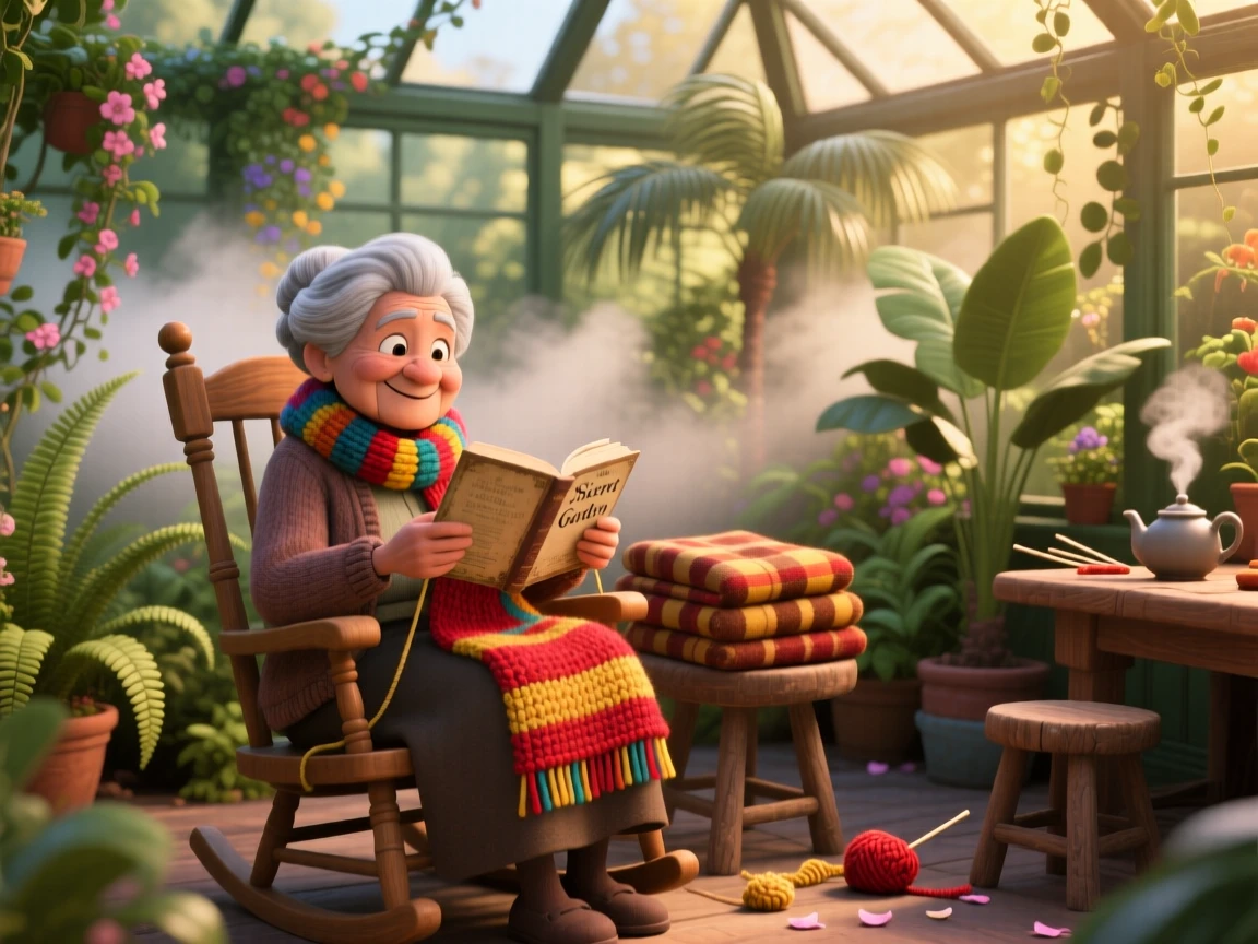 A grandmother knitting quietly sits in a greenhouse filled with steam and plants, reading an old paperback novel. A deep sense of comfort and quiet contentment fills the room, with a plaid blanket draped over a chair.