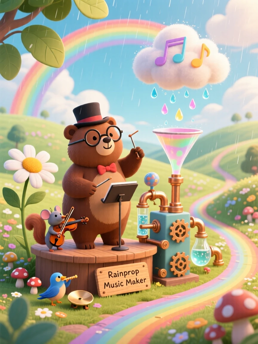 In a land where every path is a rainbow, a bear conducting a tiny orchestra spends the day inventing a machine that turns raindrops into music, with everything slightly too big or too small in a charming way.