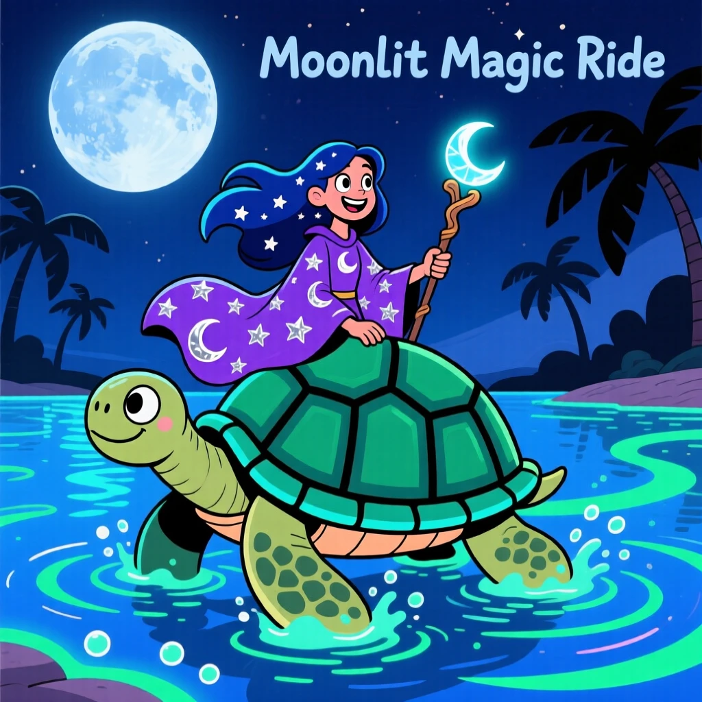 A moonlit sorceress riding a giant turtle across a glowing lagoon.
