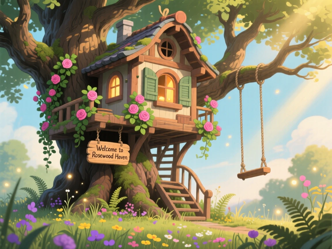 A charming view of a treehouse built among the sprawling branches of an ancient oak, surrounded by climbing roses and untamed gardens.