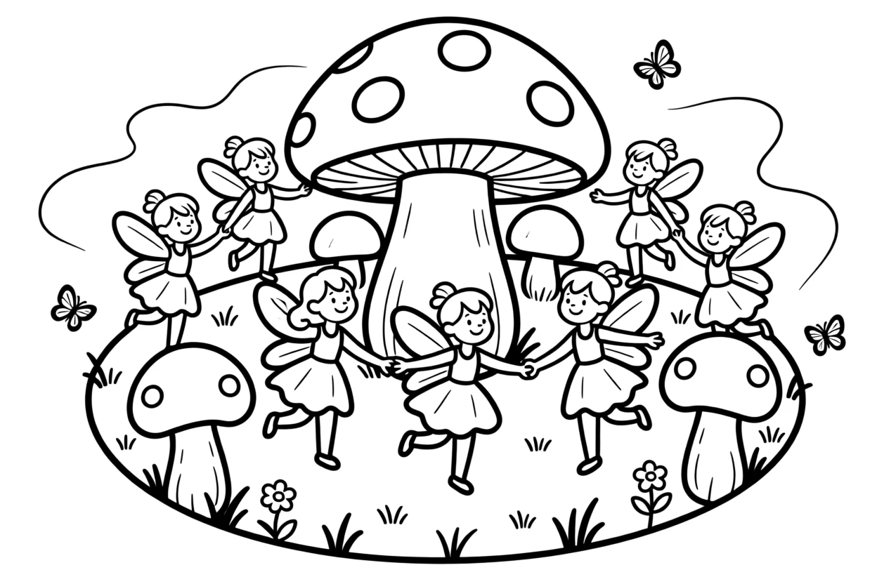 A group of fairies dancing around a giant toadstool ring