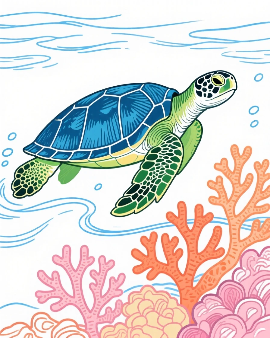 A sea turtle gliding past a coral reef.