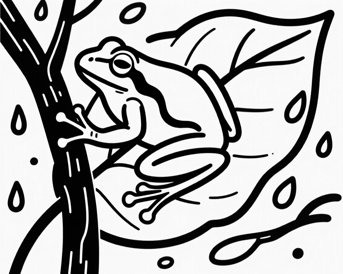 A tree frog clinging to a large leaf with rain droplets around it.