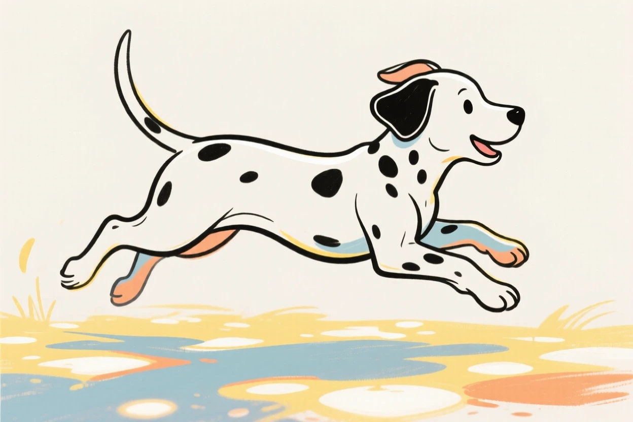 A Dalmatian puppy bounding across a spotted patch of sunlight.