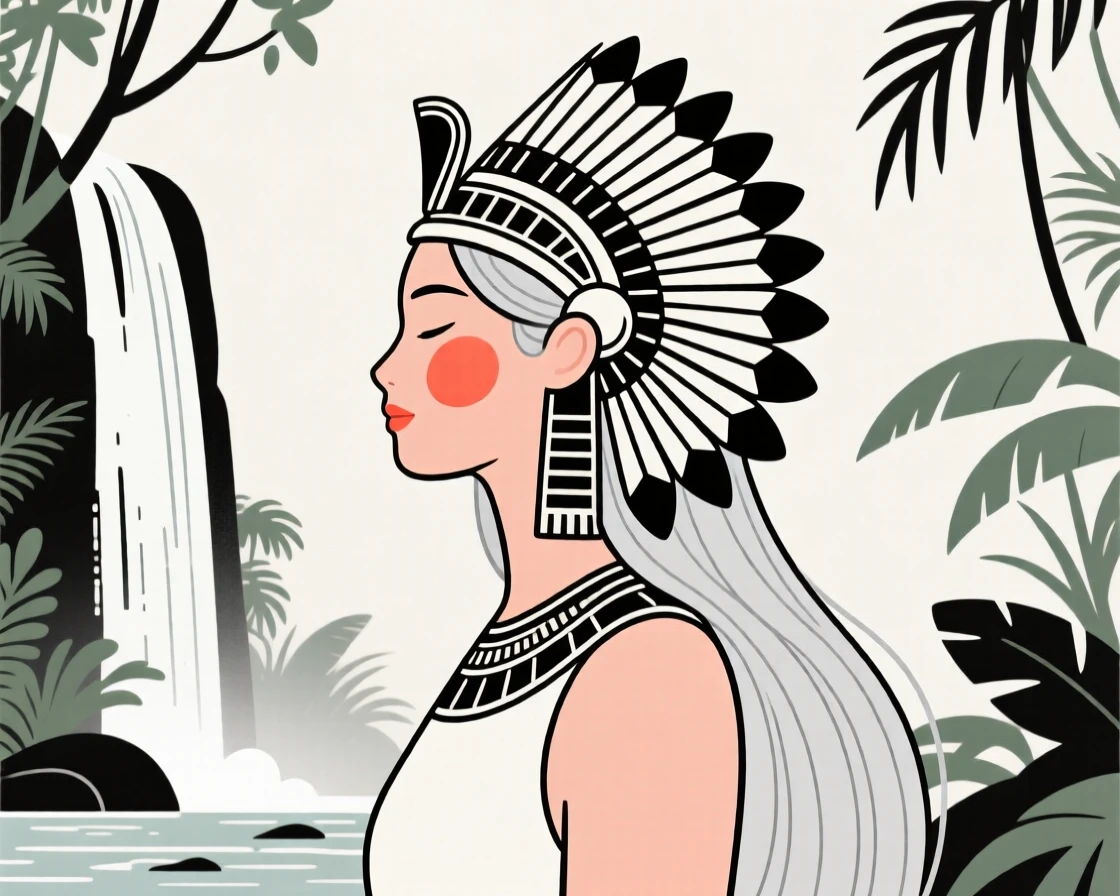 A silver-haired woman of Egyptian heritage wearing a Native American ceremonial headdress, looking serene and at peace, by a waterfall in the jungle.
