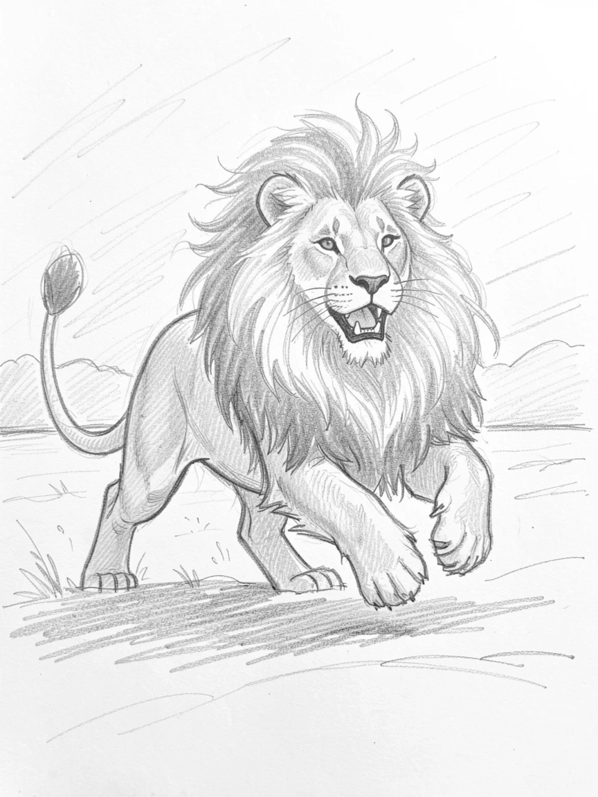 A heartwarming scene of a majestic lion with flowing mane running joyfully across a snowy field, with fur glowing in the sunset light.