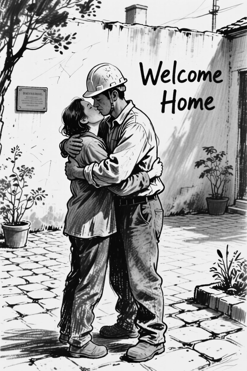 A construction worker embracing a loved one after a long separation, in a peaceful courtyard.