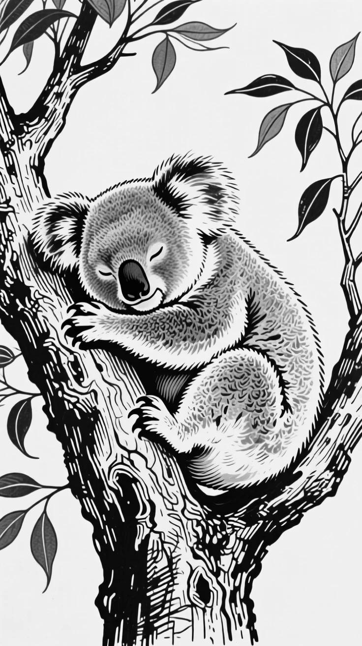 A koala curled asleep in the fork of a eucalyptus tree.