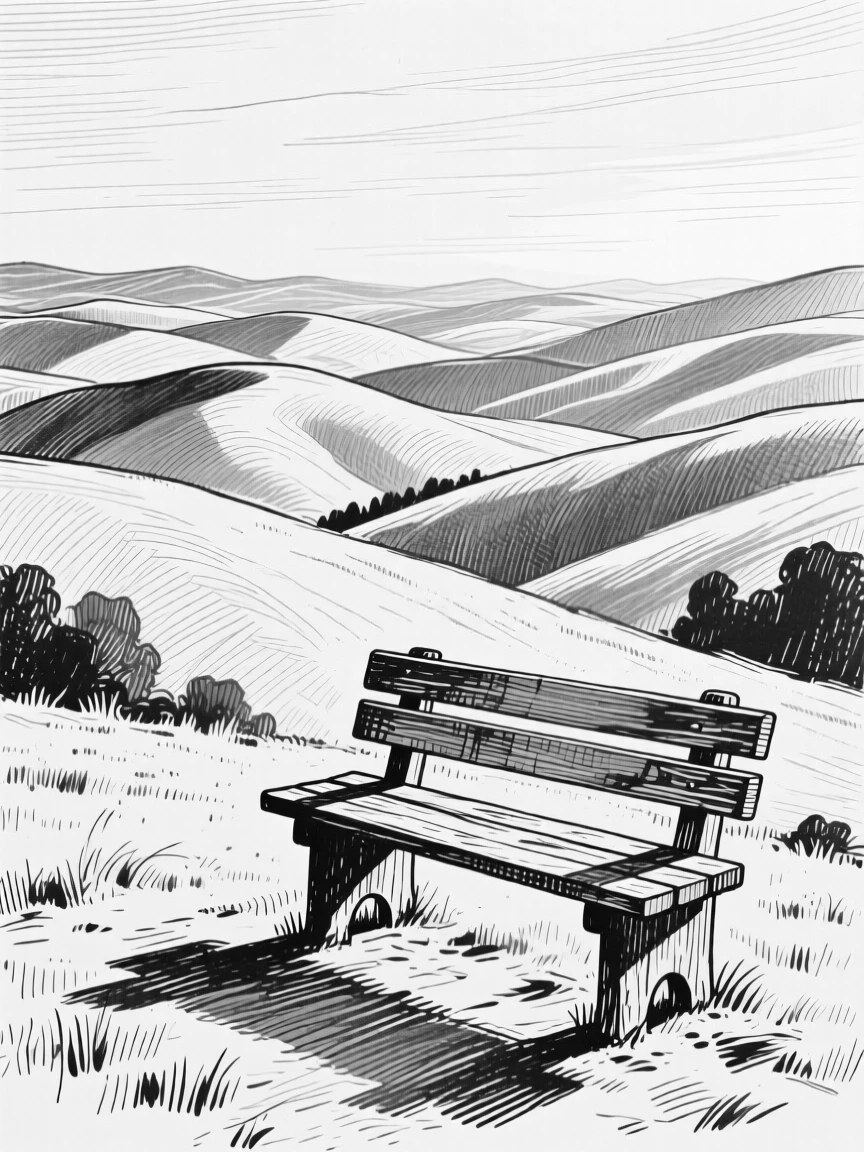 A chain of rolling hills under the soft glow of early morning light, with a single wooden bench overlooking the view, evoking a quietly majestic atmosphere in a wide, balanced composition.