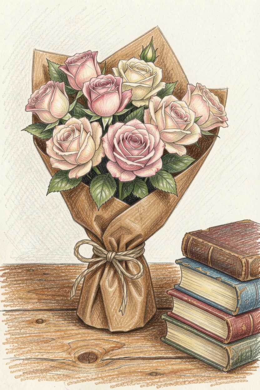 A bouquet of garden roses wrapped in brown paper and twine, resting on a rustic wooden table beside vintage books, perfect for a peaceful, feminine, and timeless aesthetic.