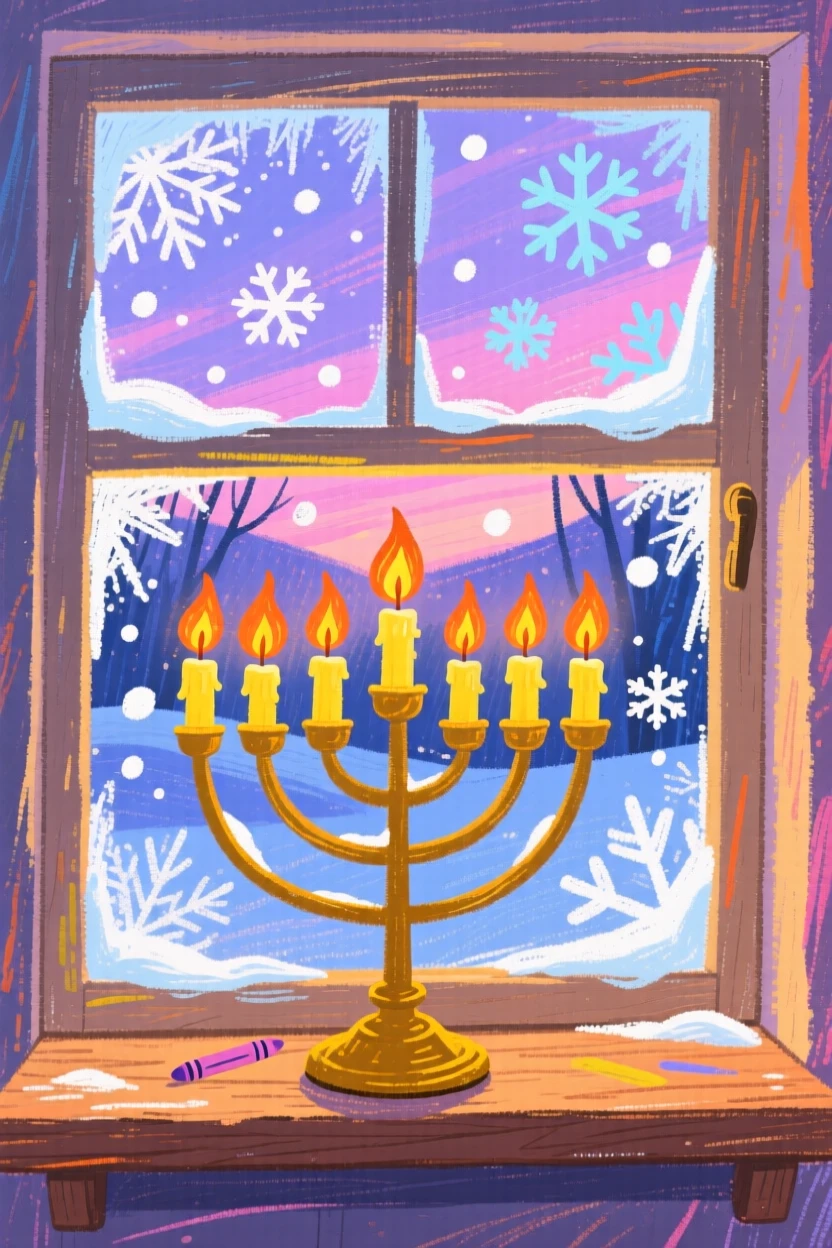 A menorah in a frosted window surrounded by falling snow at dusk.