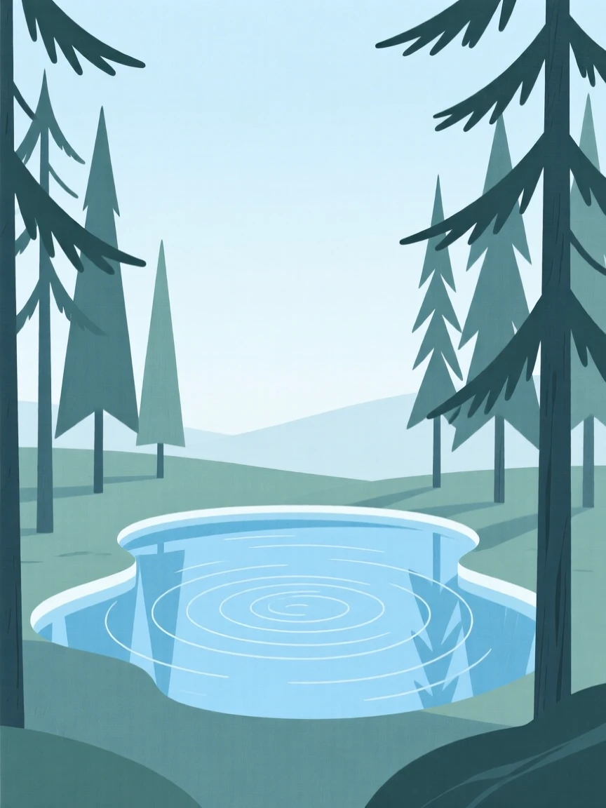 A tranquil glacial pool surrounded by tall pines, with gentle ripples on the surface.