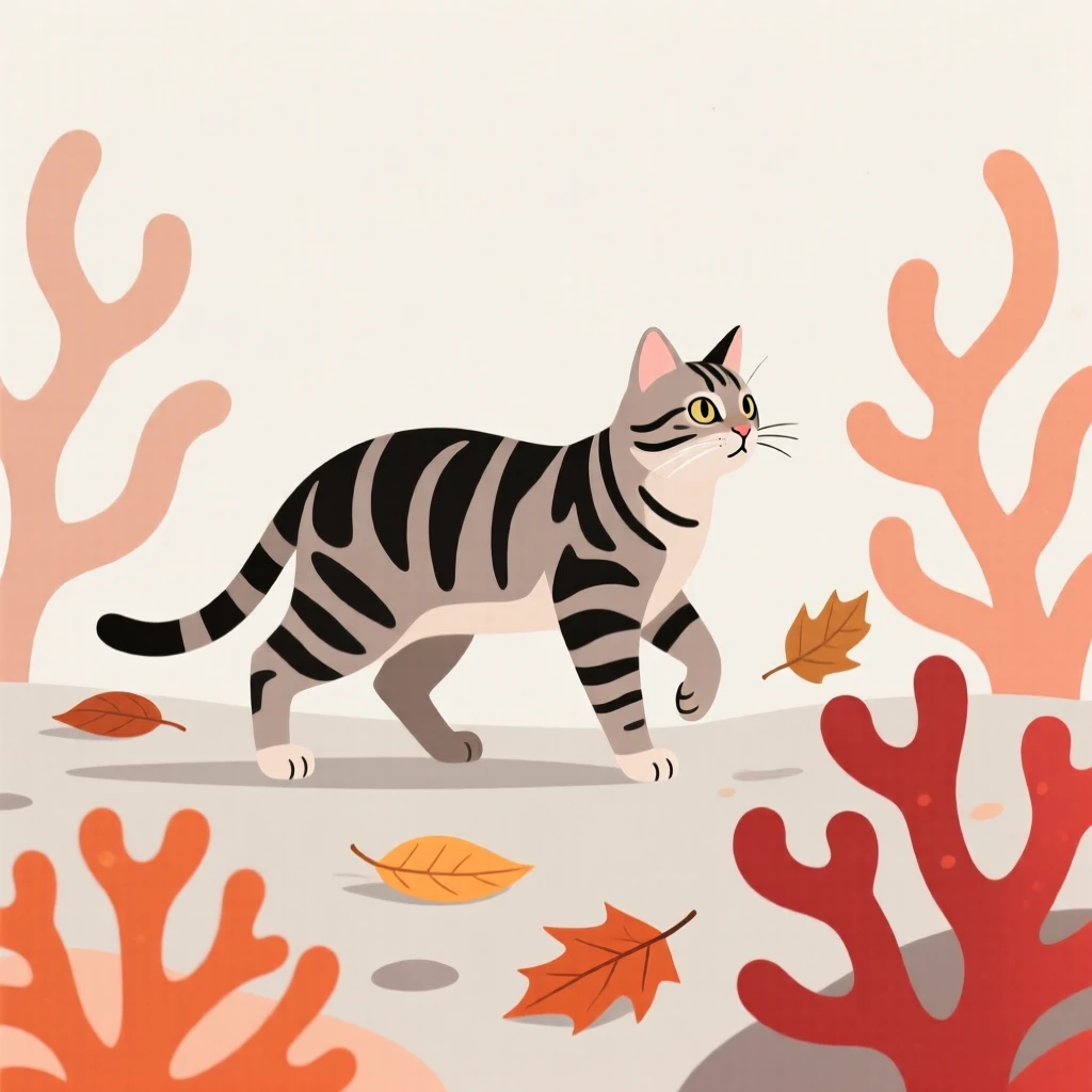 A curious tabby cat pausing in a coral reef, with scattered autumn leaves in the background, radiating wild freedom.