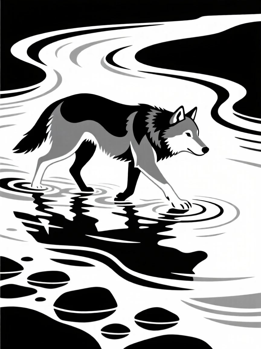 A gray wolf crossing a shallow river.