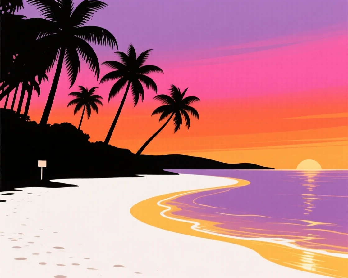 A curve of white sand beach lined with leaning palm trees.
