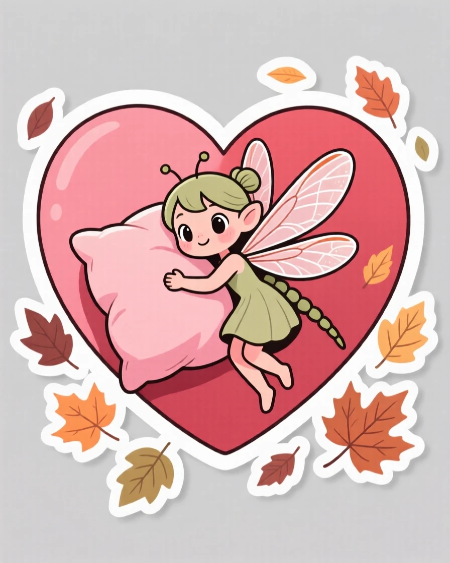 A wide-eyed small dragonfly fairy hugging a giant heart pillow, among scattered autumn leaves.