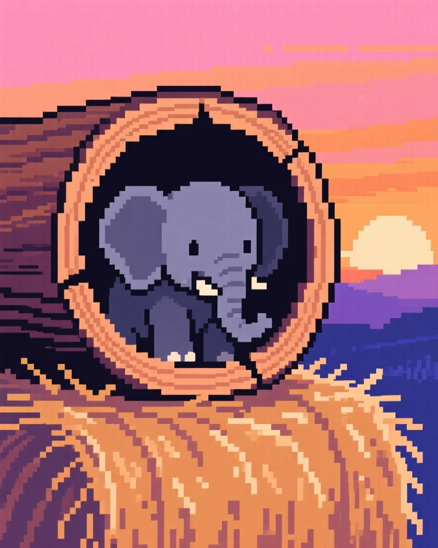 A baby elephant peeking out of a hollow log, on top of a haystack at sunset.