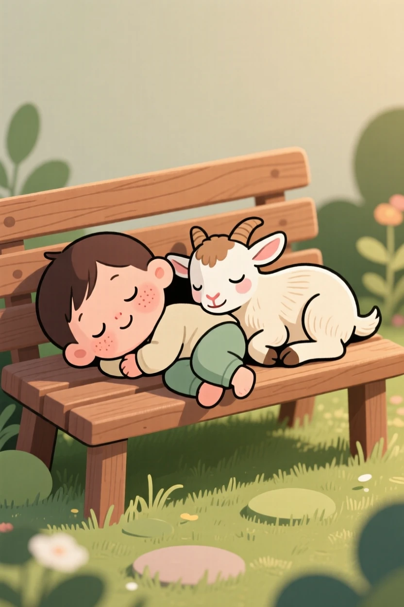 A baby goat curls up beside a sleeping toddler on a garden bench, both worn out after an afternoon of chasing each other around the yard.