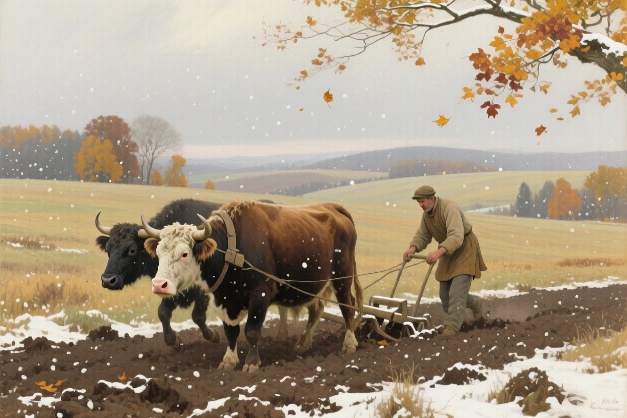 A panoramic view of a farmer plowing a field behind two sturdy oxen, as autumn leaves turn gold, in gentle falling snow.