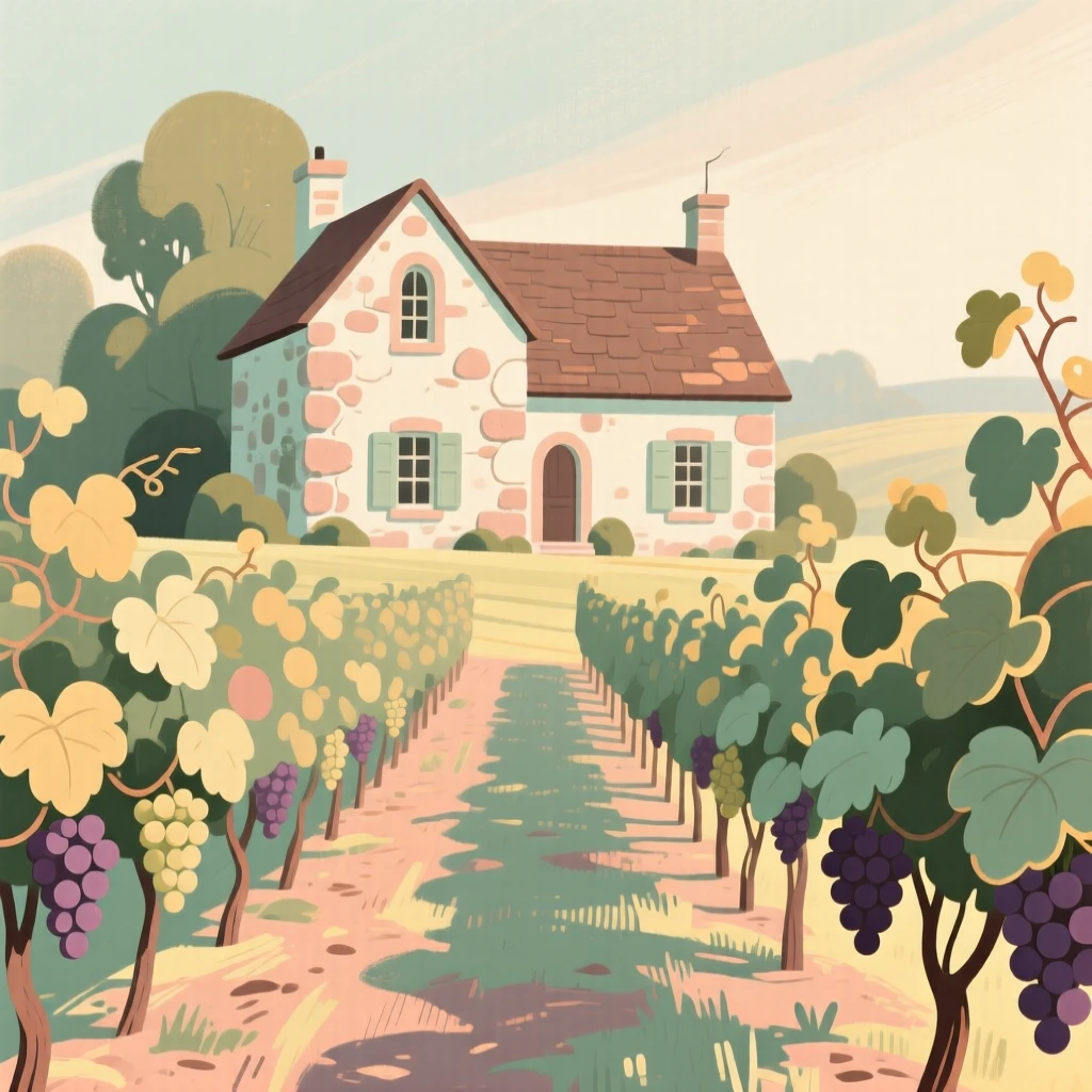 A rural stone farmhouse framed by rows of ripening grapevines